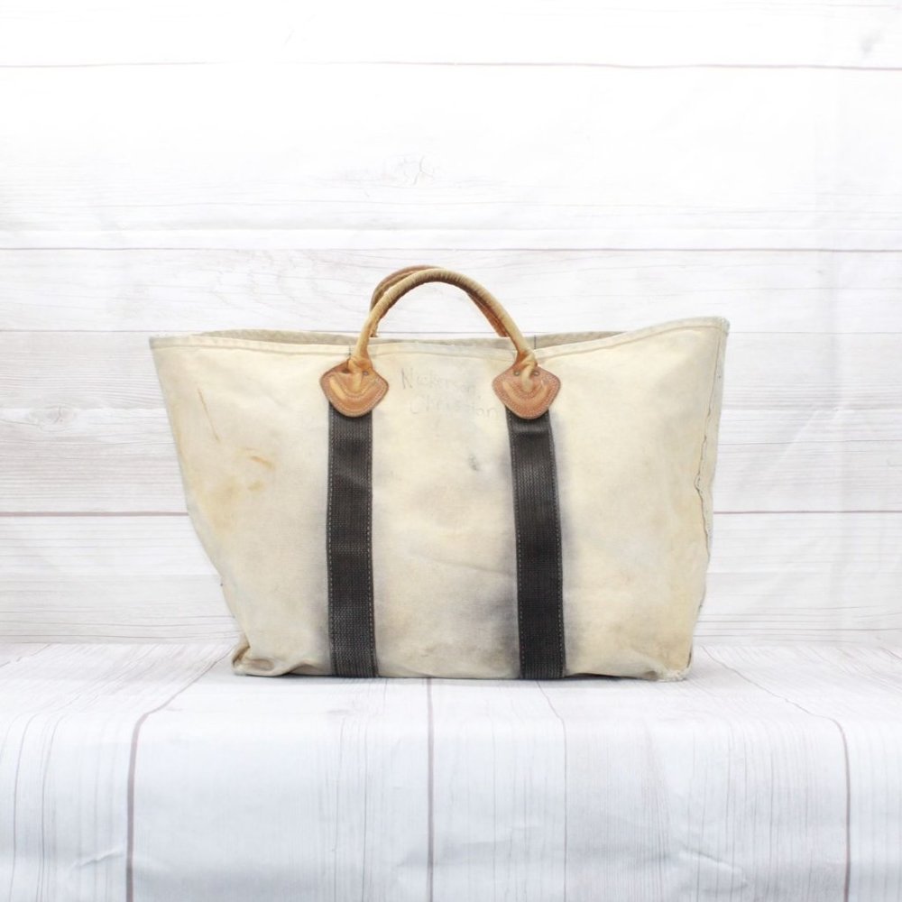 Vintage LL Bean Cream Canvas Leather Double Handle Zipper Tote Boat Beach Bag - Picture 6 of 8